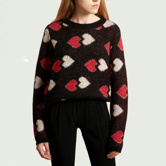 La Petite Francaise mohair wool sweater heart pattern black with pink and red - Picture 1 of 8